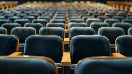 Obraz premium Neatly arranged rows of seats and an empty stage in a school auditorium, close-up view, ready for upcoming assemblies and performances, clean and orderly