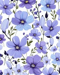 Fototapeta premium Illustrated floral pattern featuring purple and blue flowers with green leaves on a white background, ideal for decorative designs.