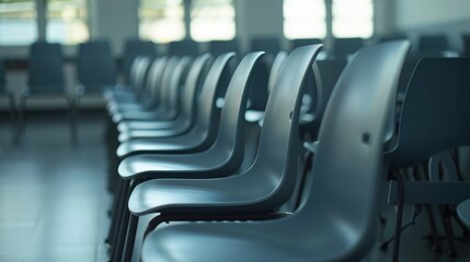 Neatly arranged empty chairs in a futuristic classroom, close-up shot, capturing the essence of market decision achievement, modern and clean design