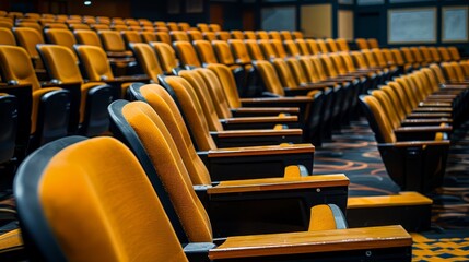 Naklejka premium Neatly arranged rows of seats and an empty stage in a school auditorium, close-up view, ready for upcoming assemblies and performances, clean and orderly