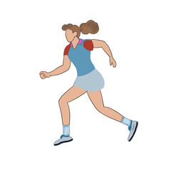A woman is running in exercise clothes. Her hair was tied back into a ponytail to keep it out of the way. She looks energetic and determined.