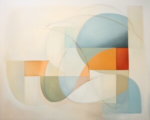 Abstract geometric art with soft pastel shapes and colors, featuring overlapping circles and rectangles for a sophisticated modern look.
