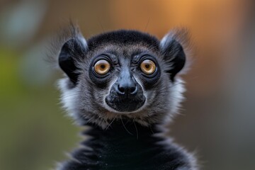 Naklejka premium A cute lemur with big eyes, looking at the camera, isolated against a blurred background. Soft sunlight. Close-up portrait.