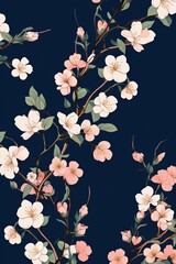 Elegant floral pattern with delicate pink and white flowers on a dark background, perfect for textile, wallpaper, or decorative design.