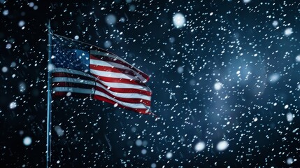 National flag of the United States glowing in the night, snow falling around, capturing the essence of nocturnal festivities and winter celebration