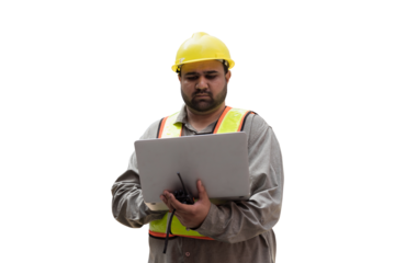 Male engineer worker on transparent background. Male technician wear safety helmet and uniform on transparent background