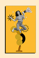 Vertical photo collage of excited happy girl hold megaphone scream money dollar banknotes balance gold coin isolated on painted background