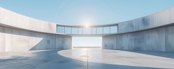 Modern minimalist architecture of a circular building with open space and sunlight, featuring smooth concrete surfaces and clear blue sky.