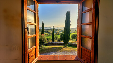Peaceful meadowland vista from charming window frame