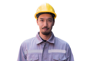 Asian male engineer worker on transparent background. Asian male technician wear safety helmet, glasses and uniform on transparent background