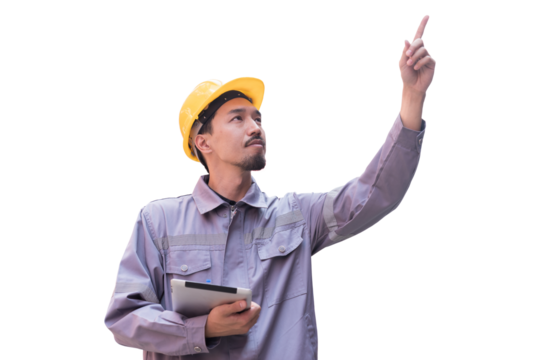 Asian male engineer worker on transparent background. Asian male technician wear safety helmet, glasses and uniform on transparent background