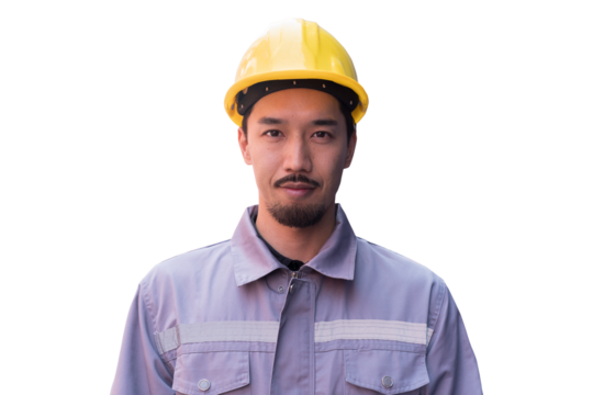 Asian male engineer worker on transparent background. Asian male technician wear safety helmet, glasses and uniform on transparent background