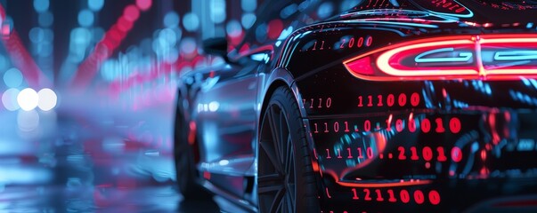 Modern sports car with binary code reflections, representing digital transformation and technology in the automotive industry at night.