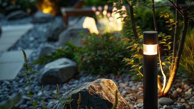 LED outdoor light post illuminating a stunning rockery garden, close-up in a residential garden, showcasing modern lighting in natural surroundings