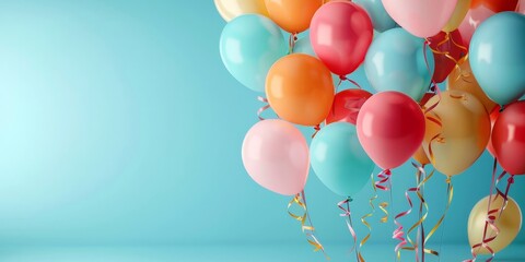 Colorful balloons flying on blue background with copy space for birthday party, anniversary or other events,bright colored balloons, balloon bouquet,banner