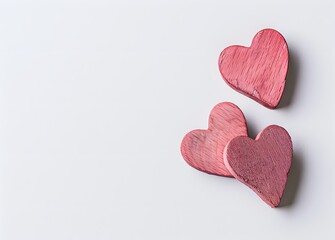 Obraz premium Two Pink Wooden Hearts on White Minimalist Background