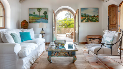 A Mediterranean villa living room with arched doorways, a bright white linen sofa, and a hand-painted ceramic coffee table