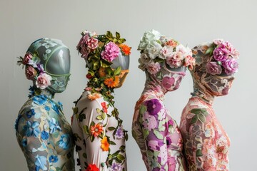 Floralthemed mannequins showcasing colorful clothing and headdresses in a group of three