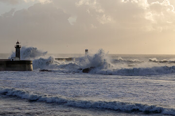 Sea storm at sunset