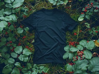 Black t shirt lies on top of green leaves and red berries.