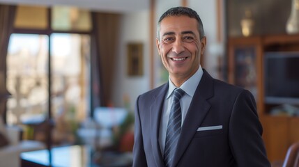 Fototapeta premium Professional Middle Eastern Man in a Suit, Confident Business Portrait in Modern Office Setting for Corporate Use
