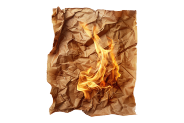 Burning crumpled old brown paper isolated on transparent background