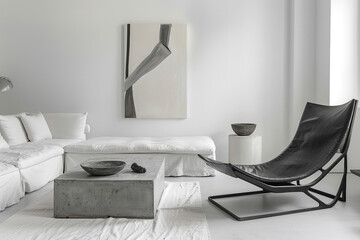 A chic minimalist living room with white walls, a low-profile white linen sofa, and a concrete coffee table