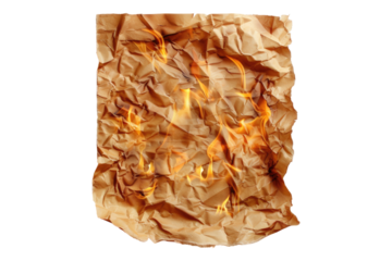 Burning crumpled old brown paper isolated on transparent background