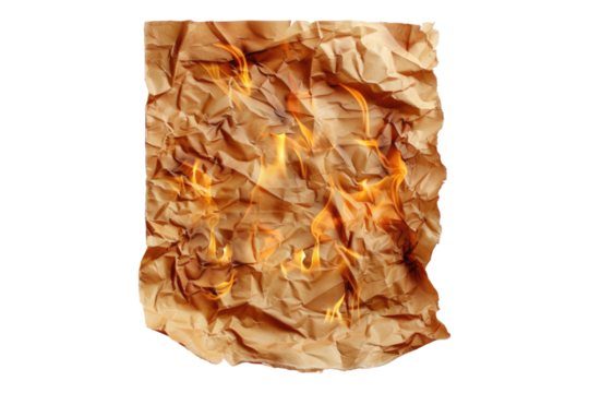 Burning crumpled old brown paper isolated on transparent background