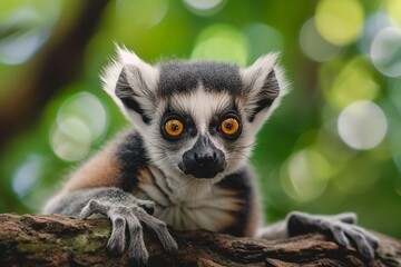 A cute ring-tailed lemur with big eyes, looking at the camera, isolated against a blurred background, in the forest. Soft sunlight. Close-up portrait.