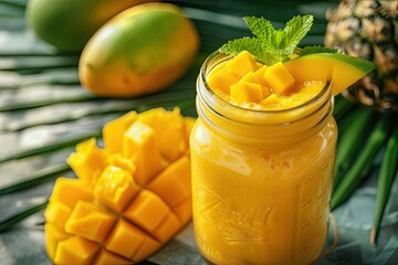 Photograph a close-up of a creamy mango smoothie in a mason jar, garnished with a slice of mango and a sprig of mint