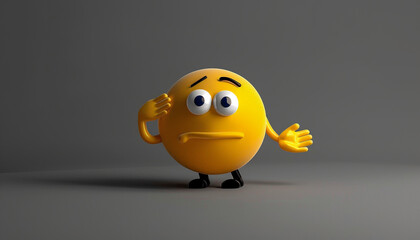A minimalist 3D  of a single yellow shrugging emoji with hands, on a solid charcoal background.