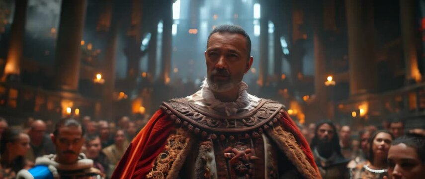 Regal medieval king in ornate armor and flowing red cape standing before gathered court in torch-lit grand hall. Majestic ruler with crown and chainmail amid noble assembly. AI-generated anamorphic 4K