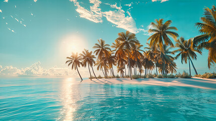 Tranquil Caribbean Beach at Sunset with Palm Trees and Calm Blue Waters, Romantic Holiday Destination