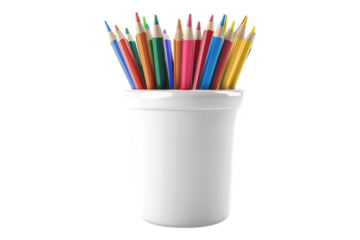Color pencil in white ceramic cup isolated on transparent background