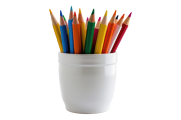 Color pencil in white ceramic cup isolated on transparent background