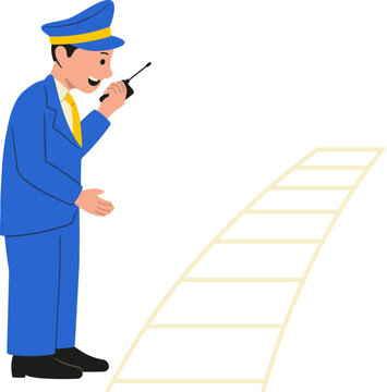 Technician Character Checking Train Tracks holding Walkie Talkie
