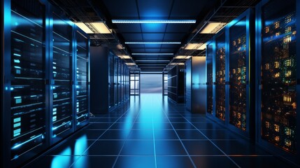 Fototapeta premium Server room data center. Backup, mining, hosting, mainframe, farm and computer rack with storage information
