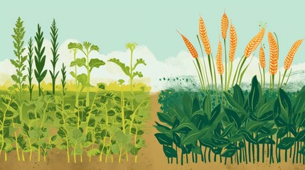 Artistic illustration of a field with diverse crops like tobacco and sugar cane under a sunny sky, emphasizing agricultural variety and growth.