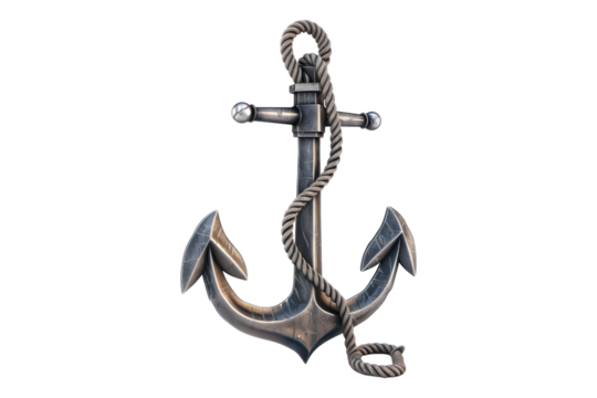 Metallic anchor with rope isolated on transparent background