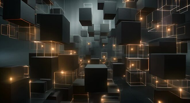3D squares forming a dark, geometric minimalist tech expo display, realistic,