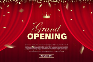 Grand Opening banner with curtain elements and dark red background.