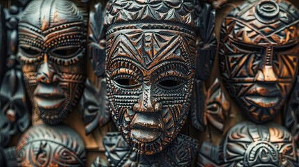 Intricately carved African mask on textured surface representing cultural and mythological symbolism.