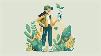 An Eco-friendly illustration character stands proudly, adorned with symbols of sustainability such as a green leaf badge and a reusable water bottle, representing a commitment to environmental