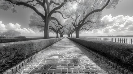 Fototapeta premium Walkway at the lake - tree lined path - black and white photograph - stylish and artistic 