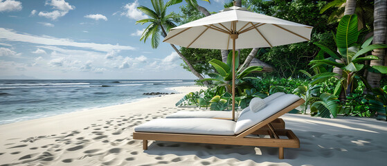 Tranquil Maldivian Beach with Sunbeds and Umbrellas, Perfectly Calm Blue Waters and Sunny Skies