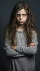 Gray background sad European white child realistic person portrait of young beautiful bad mood expression child Isolated on Background depression anxiety