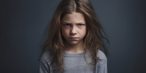 Gray background sad European white child realistic person portrait of young beautiful bad mood expression child Isolated on Background depression anxiety