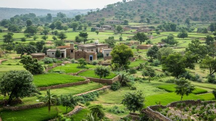 Obraz premium A village affected by drought, and a village with rainwater harvesting systems and green fields.