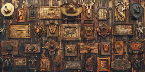 Western Wall Decor: A rustic wall covered in wooden plaques, mounted antlers, and cowboy hats, evoking a classic Wild West feel.
